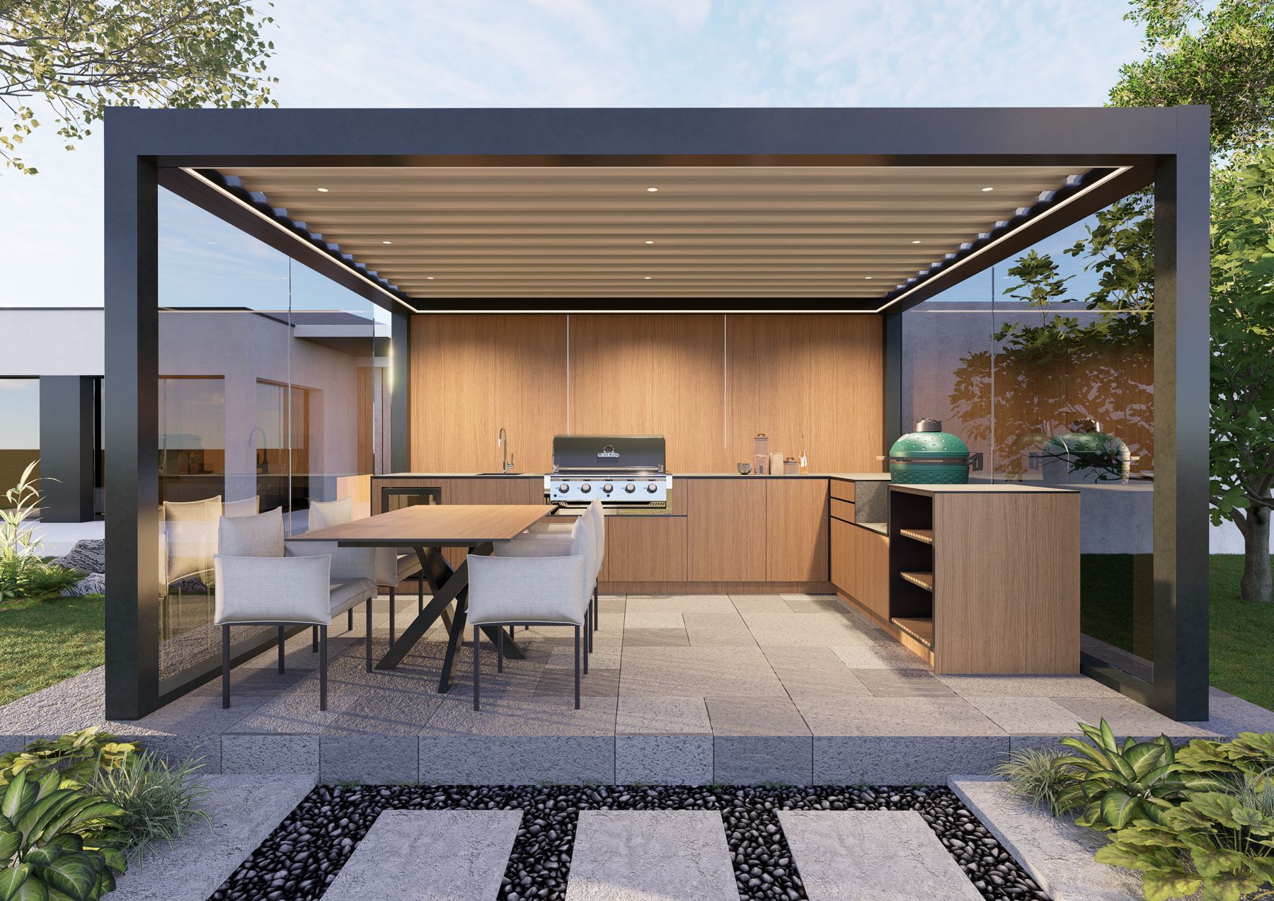 Overkapping met L-opstelling houtlook HPL