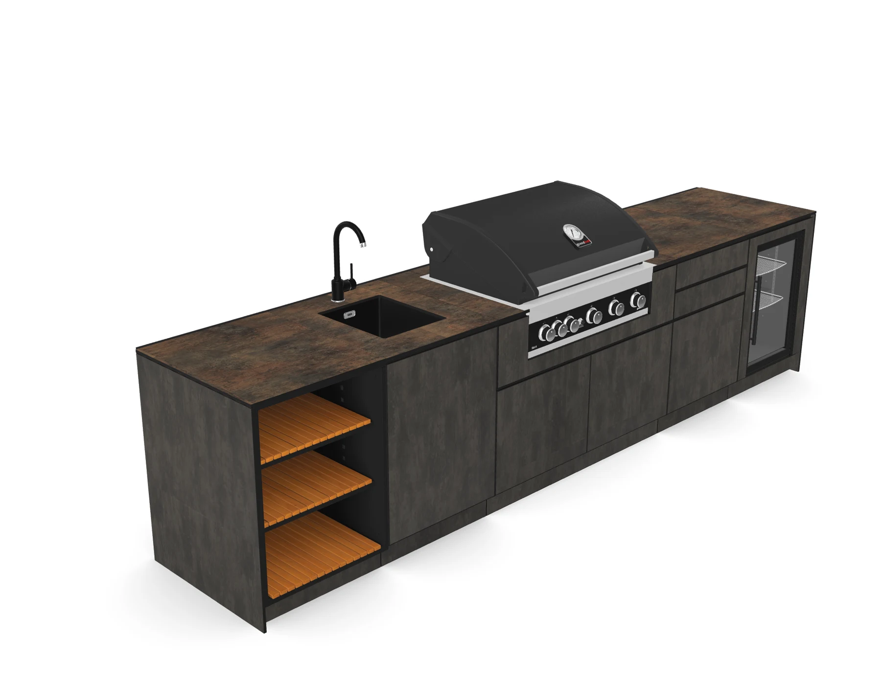 3D-visualisatie van de buitenkeuken van linksvoor