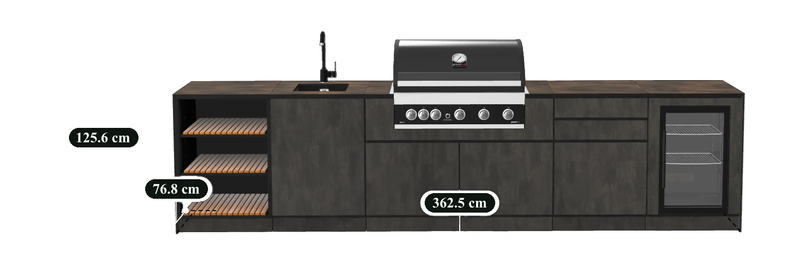 Technische tekening van een buitenkeuken in vooraanzicht met afmetingen 362,5 cm, 76,8 cm en 125,6 cm