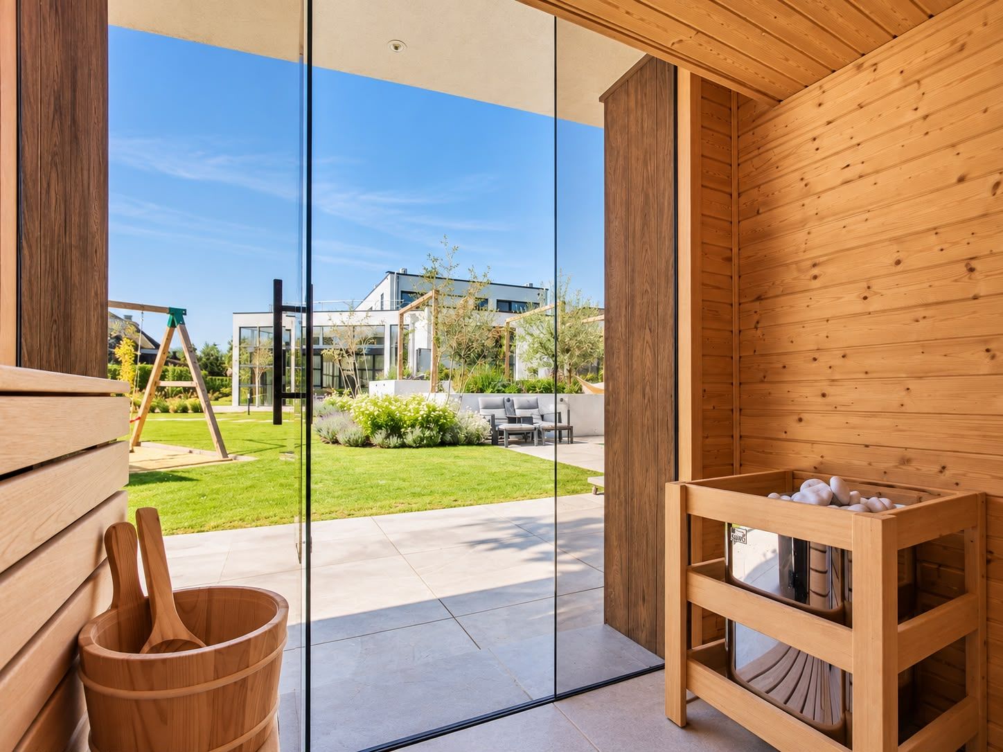 Sauna met glazen pui en uitzicht op de tuin