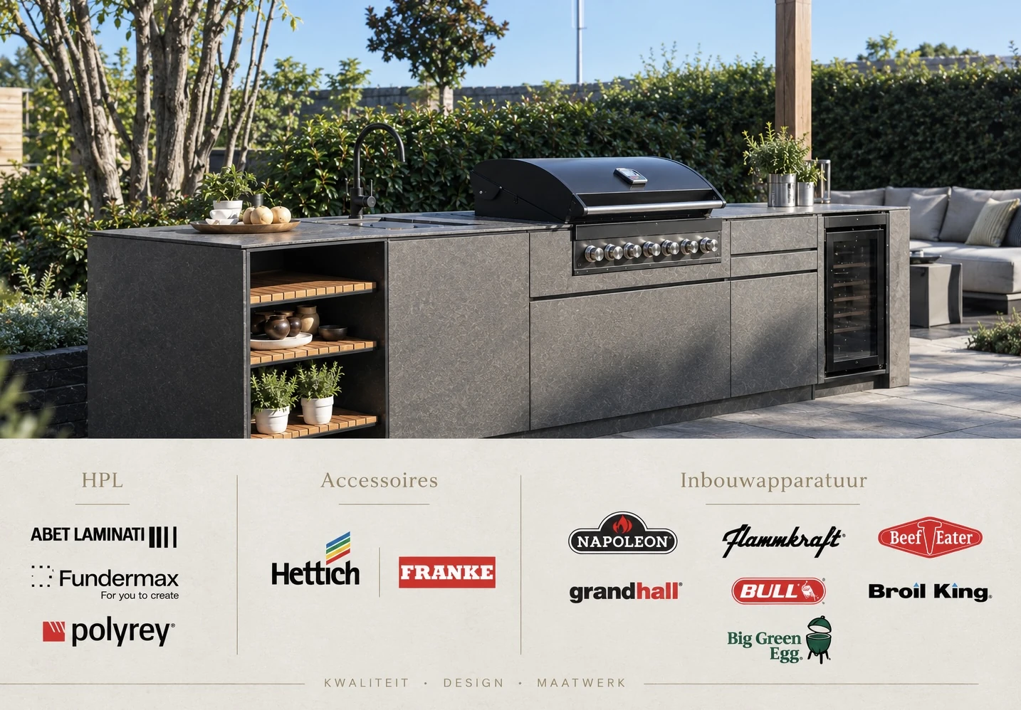 Showroom buitenkeuken van Perfect Groen met de merken waarmee wij werken: HPL van Abet Laminati, Fundermax en Polyrey, accessoires van Hettich en Franke, en inbouwapparatuur van Napoleon, Flammkraft, BeefEater, Grandhall, Bull, Broil King en Big Green Egg