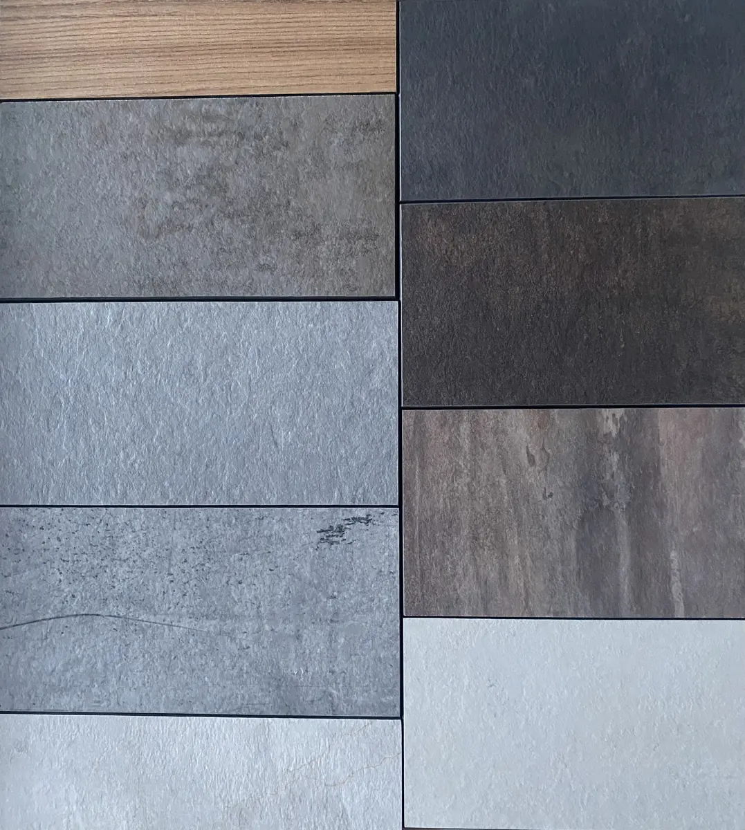 Close-up van HPL-decorstalen in steen-, beton- en houtlook