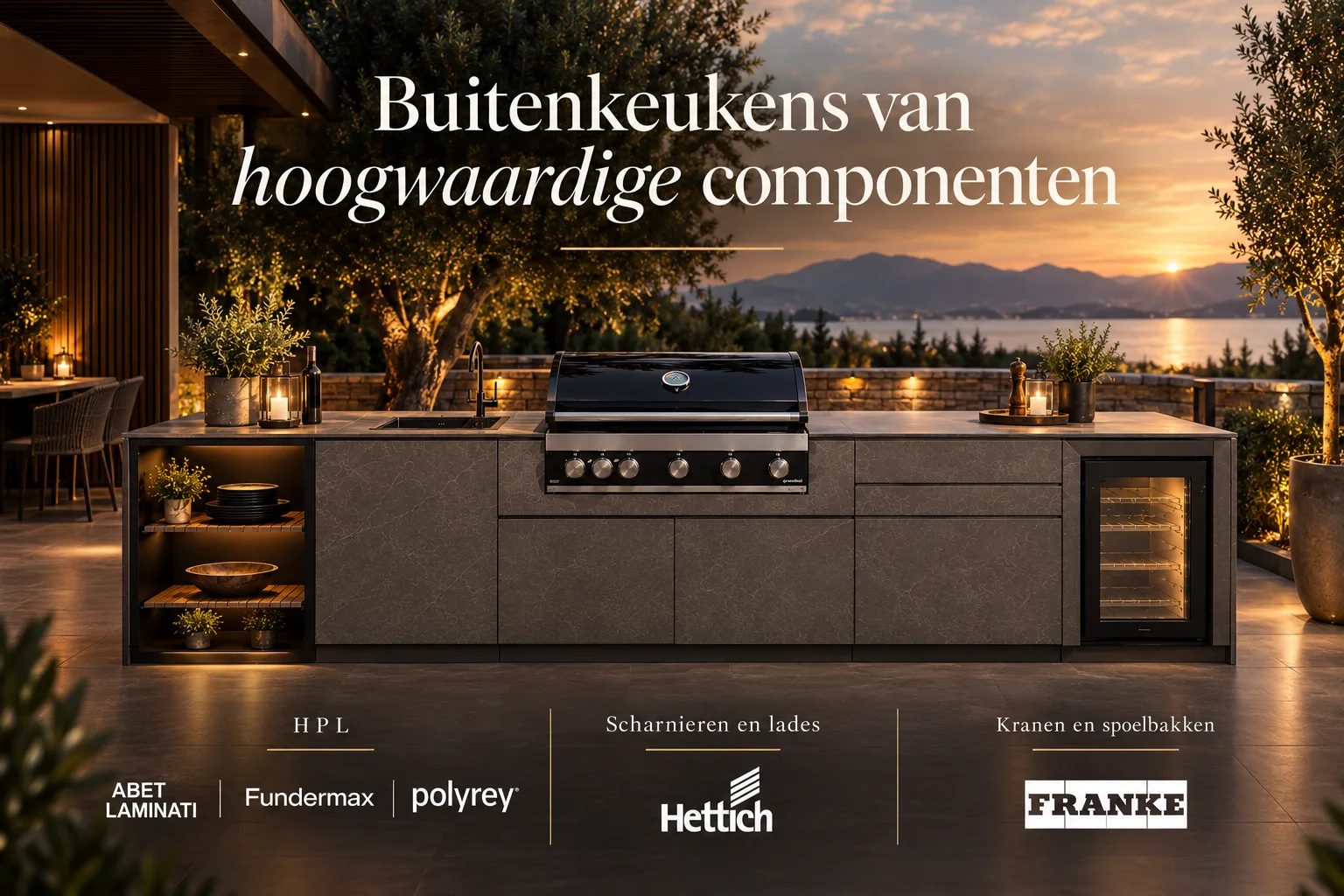 Buitenkeukens van hoogwaardige componenten: HPL van Abet Laminati, Fundermax en Polyrey, scharnieren en lades van Hettich, kranen en spoelbakken van Franke
