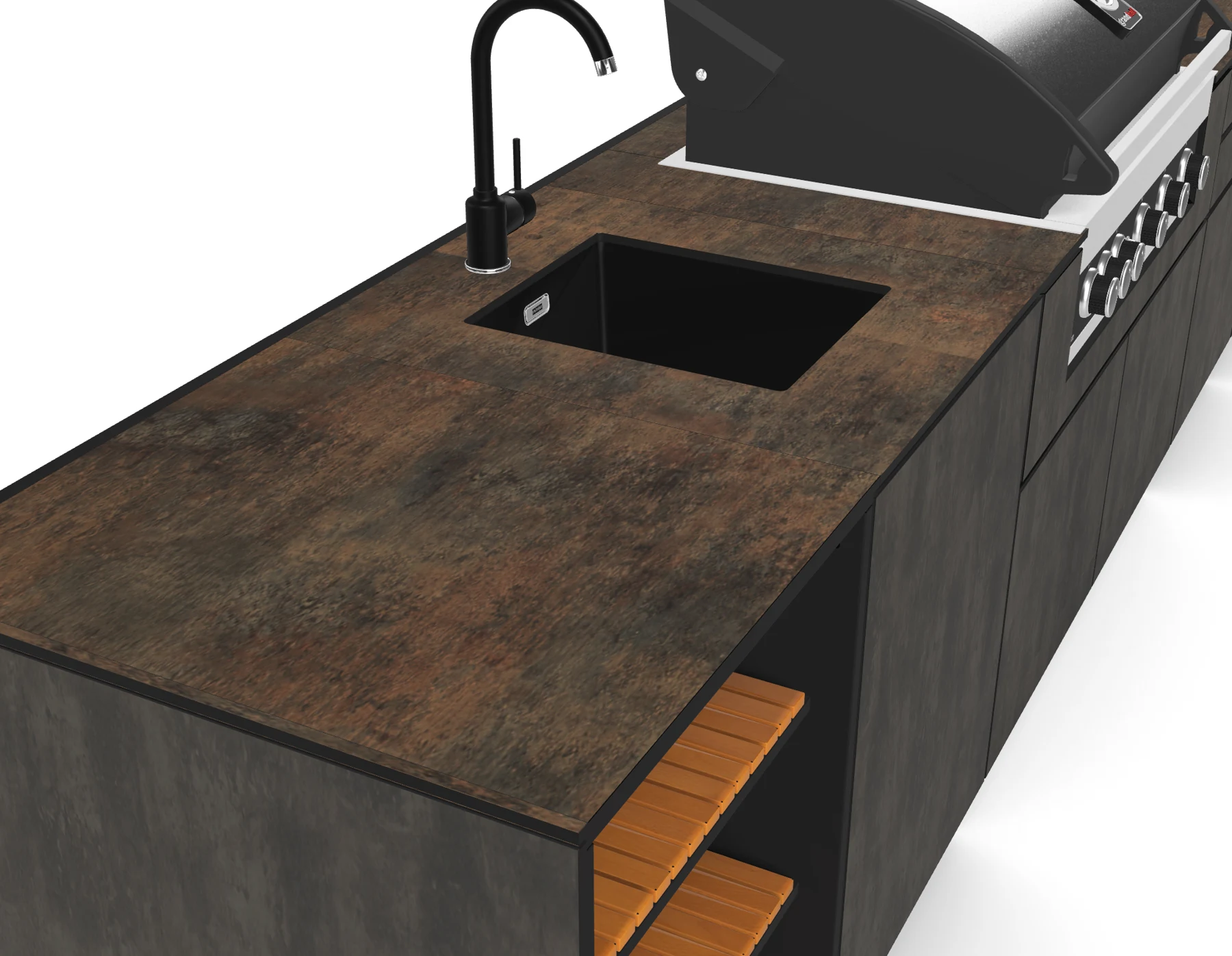 Detail van werkblad, spoelbak en inbouw-BBQ