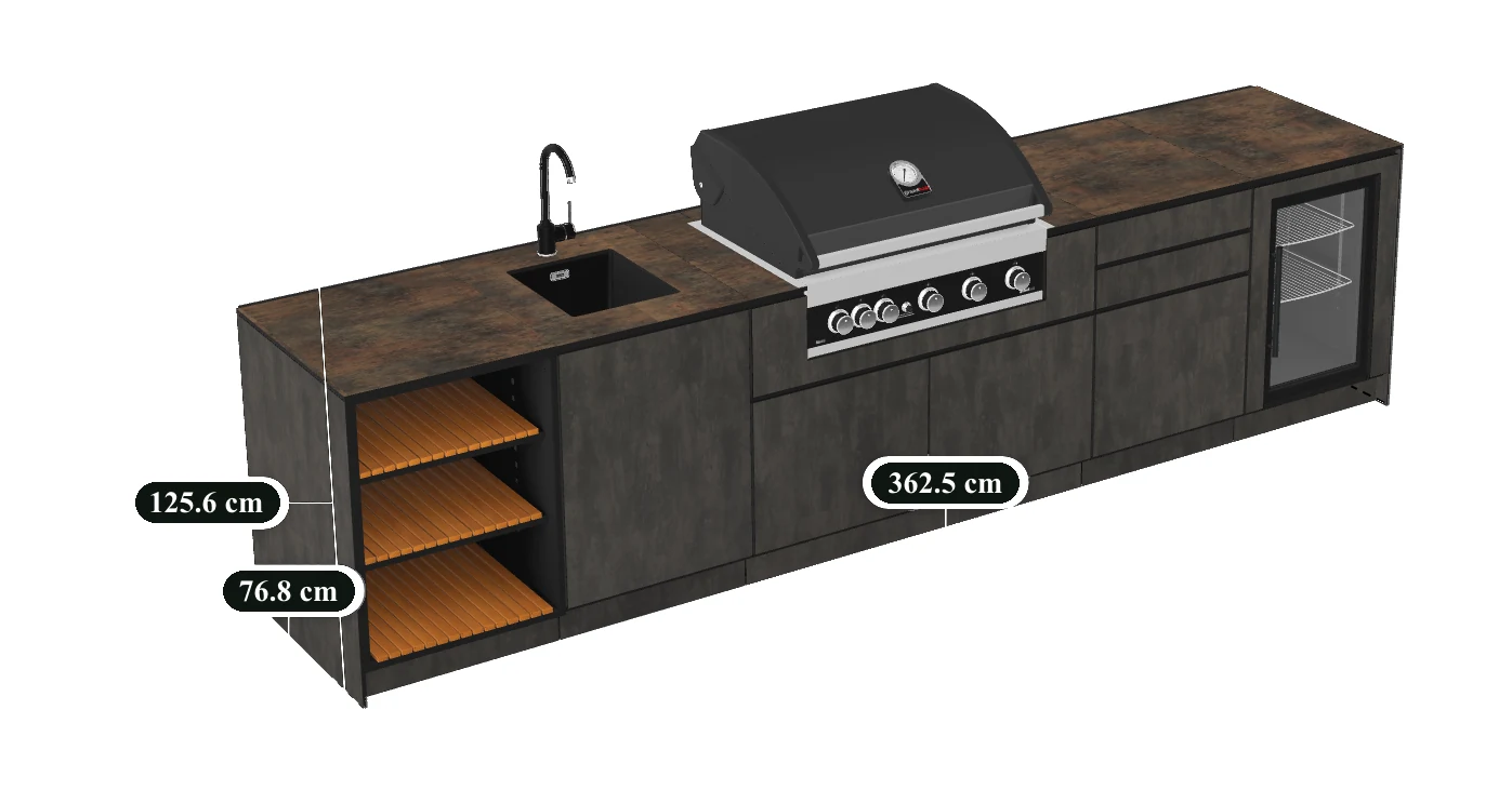 Technische tekening in perspectief met afmetingen van de buitenkeuken